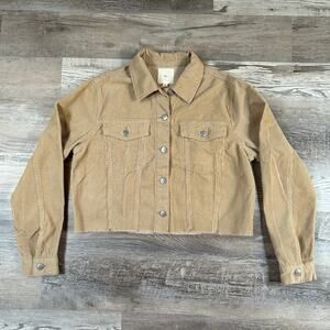 TGLA Corduroy Jacket Tan Beige Cropped Snap Front Raw Hem Fall Layering L